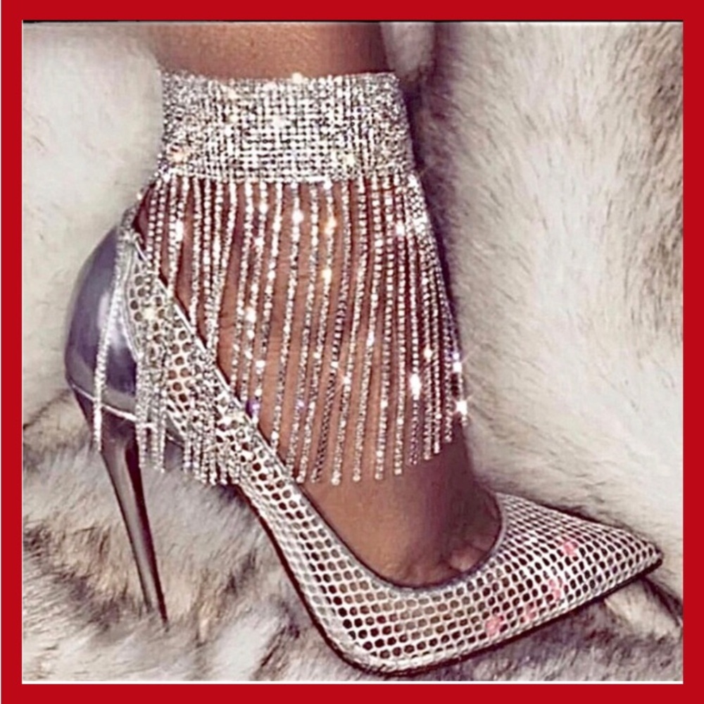 Clearance! New silver simulated diamond tassel chains wrap around ankle anklet